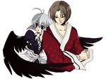  1boy 1girl antenna_hair benawi black_wings blue_eyes japanese_clothes kamyu protecting silver_hair utawareru_mono wings 