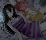  bangs beifeng_han black_hair blonde_hair breasts character_request cleavage closed_eyes commentary_request cyou_shigen dress hair_between_eyes large_breasts long_hair miyaura_sanshio multiple_girls one_eye_closed original parted_lips polka_dot polka_dot_dress purple_eyes 