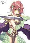  animal_ears armor breasts brown_hair cape cleavage dragon_girl dragon_tail granberia large_breasts looking_at_viewer mon-musu_quest! monster_girl scales solo sword tail tiara weapon yappen yellow_eyes 