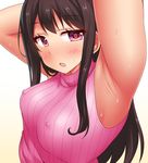  :o arm_behind_head arm_up armpits bad_id bad_nicoseiga_id blush breasts brown_hair covered_nipples large_breasts long_hair looking_at_viewer neri_sachiko open_mouth original pink_hair simple_background solo striped sweater_vest upper_body vertical_stripes water water_drop wet white_background 
