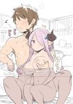  1boy 1girl bad_id bad_twitter_id blush breast_grab breasts brown_eyes draph eighth_note grabbing gran_(granblue_fantasy) granblue_fantasy hair_ornament hair_over_one_eye height_difference hetero horns inactive_account large_breasts mixed_bathing musical_note narmaya_(granblue_fantasy) navel nipples no_eyes nora_higuma nude onsen partially_submerged petite pointy_ears purple_eyes purple_hair short_hair sidelocks sitting steam whistling 
