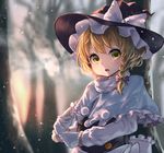  apron blonde_hair blurry bow braid breath capelet depth_of_field forest gloves hair_bow hair_ornament hat hat_ribbon kirisame_marisa long_sleeves looking_at_viewer nature nose_shade open_mouth pyonsuke_(pyon2_mfg) ribbon shirt short_hair side_braid single_braid snowing solo touhou tree turtleneck upper_body vest waist_apron white_gloves witch_hat yellow_eyes 