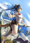  above_clouds absurdres alternate_costume alternate_hairstyle artist_name backlighting bangs belt bike_shorts bird blue_hair blue_sky blurry boots bow bracelet breasts cloud copyright_name crow day depth_of_field floating_rock flower food foreshortening fruit hair_flower hair_ornament highres hinanawi_tenshi holding holding_sword holding_weapon jewelry knee_boots leg_up light_trail looking_afar mountain open_hand orange_eyes parted_lips peach perspective rainbow sample shirt sky small_breasts solo standing standing_on_one_leg sunlight sunshine_(1638509769) sword thighs touhou twintails weapon white_shirt 