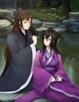  1girl beifeng_han black_hair blush brown_eyes brown_hair character_request chinese_clothes commentary_request dress hair_between_eyes hanfu jewelry long_hair miyaura_sanshio necklace original purple_dress purple_eyes smile water 