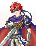  bandana belt blue_eyes cape fingerless_gloves fire_emblem fire_emblem:_fuuin_no_tsurugi gloves headband highres male_focus red_hair reverse_grip roy_(fire_emblem) shiny shiny_clothes simple_background smile solo soyo2106 super_smash_bros. sword weapon 