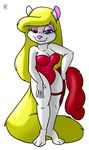  animaniacs anthro blonde_hair clothing female fur hair mammal minerva_mink mink mustelid ruckforderungreich simple_background solo standing swimsuit warner_brothers white_fur 