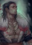  alejandro_tio assassin's_creed_(series) assassin's_creed_iii black_hair blood blood_on_face connor_kenway ear_piercing earrings feathers hair_feathers jewelry long_hair looking_away male_focus mononoke_hime necklace piercing scratches signature solo upper_body 
