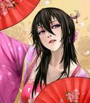  bad_id bad_pixiv_id beifeng_han black_hair blush chinese_clothes collarbone fan flower flower_request hair_between_eyes hair_flower hair_ornament hanfu jpeg_artifacts lips long_hair miyaura_sanshio original parted_lips petals purple_eyes solo 