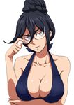  adjusting_eyewear bare_shoulders blue_eyes breasts cleavage eyebrows fumitan_admoss glasses glint gundam gundam_tekketsu_no_orphans hakuyou-choun large_breasts serious short_hair simple_background solo swimsuit tied_hair white_background 