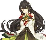  black_hair bow breasts brown_eyes dated detached_sleeves hair_ornament hair_tubes japanese_clothes kantai_collection long_hair low-tied_long_hair medium_breasts mizuho_(kantai_collection) rokuwata_tomoe sidelocks smile solo tassel twitter_username very_long_hair 