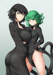  asymmetrical_docking black_dress black_hair bol_(liliymimi) breast_press breasts dress fubuki_(one-punch_man) green_eyes green_hair highres large_breasts multiple_girls no_panties one-punch_man short_hair siblings sisters small_breasts smile tatsumaki 