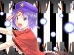  commentary_request hat highres jiangshi looking_at_viewer miyako_yoshika ofuda open_mouth outstretched_arms purple_eyes purple_hair shimada_(simada_bu) short_hair solo star tombstone touhou zombie_pose 