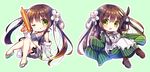  :o ;q ama_usa_an_uniform anko_(gochiusa) apron aqua_background arm_support blush boots breasts brown_hair chibi cleavage dual_persona flower frilled_apron frills full_body gochuumon_wa_usagi_desu_ka? green_eyes hair_flower hair_ornament hair_ribbon jacket japanese_clothes kimono knees_together_feet_apart kurou_(quadruple_zero) large_breasts long_hair looking_at_viewer midriff multiple_girls one_eye_closed open_clothes open_jacket outline ribbon sandals short_shorts shorts simple_background smile solo_focus striped thigh_strap tongue tongue_out twintails ujimatsu_chiya vertical_stripes water_gun 