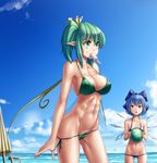  abs ass_visible_through_thighs ball bangs beach beachball bikini bikini_pull blue_bikini blue_bow blue_eyes blue_hair bow breast_envy breasts cirno closed_umbrella cloud collarbone covered_nipples cowboy_shot daiyousei day eyebrows fingernails food food_on_body food_on_face green_bikini green_eyes green_hair groin hair_bow hair_ribbon hater_(hatater) highres holding ice ice_wings large_breasts long_hair looking_at_another looking_away lowleg lowleg_bikini melting mouth_hold multiple_girls navel open_mouth outdoors pointy_ears popsicle ribbon short_hair side-tie_bikini side_ponytail sky small_breasts standing strap_gap summer swimsuit tan tanline thick_eyebrows toned touhou triangle_mouth umbrella water wings yellow_ribbon 