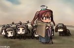  commentary dated dog fine_art_parody hamu_koutarou human_head kantai_collection knitting libeccio_(kantai_collection) multiple_girls naka_(kantai_collection) parody ryuujou_(kantai_collection) sheep 