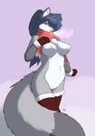 2015 anthro big_breasts blue_eyes blue_hair breasts canine clothing female fluffy_tail fox fur gloves grey_fur hair invalid_tag legwear looking_at_viewer mammal open_mouth ponytail scarf solo standing starfighter stockings white_fur 