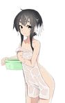  ariyoshi_gen black_hair blush covering eyebrows flat_chest highres kantai_collection looking_at_viewer multicolored_hair nude_cover simple_background smile solo thick_eyebrows tokitsukaze_(kantai_collection) towel two-tone_hair wet white_background white_hair yellow_eyes 