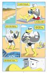  anthro anti_dev avian back beach bird brothers bulge clothed clothing comic digital_media_(artwork) duo_focus feathers group half-dressed male muscular nipples outside pecs reading seagull seaside sibling topless volleyball 