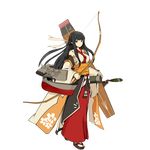  akagi_(zhan_jian_shao_nyu) bow_(weapon) brown_hair cowinsky floral_print full_body hair_ribbon japanese_clothes kimono long_hair long_sleeves looking_at_viewer obi official_art ribbon rigging sarashi sash smile solo transparent_background weapon zhan_jian_shao_nyu 