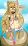 anthro blonde_hair breasts brown_fur canine clothed clothing cloud collar ear_piercing female fur hair half-closed_eyes half-dressed kammymau leash looking_at_viewer mammal nipples open_mouth outside piercing skimpy smile solo standing teeth tongue tongue_out topless 