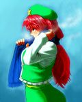  beret blue_background blue_eyes blue_scarf breath chinese_clothes from_side hat hong_meiling koyubi_(littlefinger1988) long_hair long_sleeves looking_away puffy_long_sleeves puffy_sleeves red_hair scarf scarf_over_mouth shirt solo star steam tangzhuang touhou upper_body white_shirt 