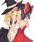  apron ascot bad_hands black_hair black_shirt black_skirt blonde_hair bow detached_sleeves error frilled_apron frilled_bow frilled_shirt_collar frills hair_bow hair_tubes hakurei_reimu hand_on_another's_face hands_up hat hat_bow imminent_kiss kirisame_marisa long_hair melocoton multiple_girls red_shirt red_skirt ribbon-trimmed_sleeves ribbon_trim sarashi shiny shiny_hair shirt short_hair short_sleeves simple_background skirt touhou white_background white_bow white_shirt witch_hat yellow_eyes yuri 