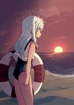  asaoka_(0x0) beach blue_eyes flower hair_flower hair_ornament kantai_collection lifebuoy long_hair ro-500_(kantai_collection) silver_hair solo sunset swimsuit 