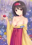  areola_slip areolae banned_artist bare_shoulders between_breasts black_hair blush breasts brown_eyes collarbone erika_(pokemon) flower gym_leader hairband hakama headband highres holding holding_poke_ball japanese_clothes kimono looking_at_viewer medium_breasts n.g. off_shoulder poke_ball poke_ball_(generic) pokemon pokemon_(game) pokemon_frlg red_hakama short_hair smile solo spider_lily wisteria 