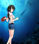  :d beifeng_han black_hair bow brush hair_between_eyes hair_bow hammerhead_shark long_hair looking_at_viewer looking_back miyaura_sanshio open_mouth original painting_(object) palette purple_eyes shirt shorts smile solo t-shirt 