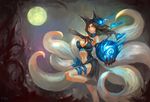  ahri animal_ears black_hair blue_dress breasts catsila choker claws cleavage dress fox_ears fox_girl fox_tail highres lantern large_breasts league_of_legends midriff moon navel solo tail yellow_eyes 