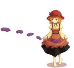  aki_minoriko apron apron_lift barefoot choker food fruit full_body grapes hat highres long_sleeves looking_to_the_side mob_cap orange_hair puffy_sleeves red_eyes ribbon_choker ruurara short_hair simple_background skirt skirt_basket smile solo sweet_potato touhou white_background wide_sleeves 