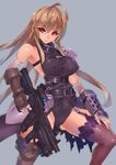  armor ass_visible_through_thighs assault_rifle asymmetrical_gloves asymmetrical_legwear bandages bangs belt black_coat boots breasts brown_gloves collar covered_nipples elbow_gloves fingerless_gloves fishnets g.haruka garter_straps gauntlets gloves grenade_launcher gun hair_between_eyes large_breasts lavender_background leotard long_hair looking_to_the_side m320 m4_carbine original red_eyes rifle serious sidelocks simple_background single_boot single_thighhigh sleeveless_coat solo thigh_boots thighhighs thighs very_long_hair weapon 