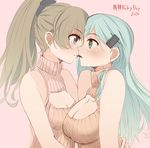  2girls aqua_eyes bare_shoulders blue_eyes blush breasts brown_hair cleavage cleavage_cutout food from_side green_eyes hair_ornament hairclip highres hug kantai_collection kumano_(kantai_collection) large_breasts long_hair looking_at_another multiple_girls pink_background pocky ponytail simple_background small_breasts smile suzuya_(kantai_collection) sweater_vest tebi_(tbd11) turtleneck upper_body yuri 