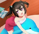  bad_id bad_pixiv_id beifeng_han black_hair dolphin_hair_ornament drawing hair_between_eyes long_hair looking_at_viewer miyaura_sanshio original purple_eyes short_twintails solo strap_slip stuffed_animal stuffed_dolphin stuffed_toy twintails younger 