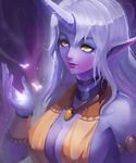  armlet bad_id bad_pixiv_id bare_shoulders breasts bug cleavage freckles highres horn insect jewelry kaze_no_gyouja large_breasts league_of_legends lips long_hair neck_ring necktie pendant pointy_ears purple_skin purple_skirt sideboob silver_hair skirt smile solo soraka upper_body wrist_cuffs 