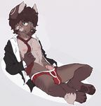  anthro briefs bulge canine circumcised clothing erection fox looking_at_viewer mammal necktie nipples pawpads paws simple_background sitting tobicakes underwear undressing 