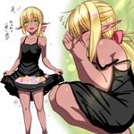  blonde_hair bow closed_eyes dark_elf dark_skin elf floral_print flower green_eyes hair_bow long_hair multiple_views nyamota original petals pointy_ears skirt skirt_basket skirt_hold skirt_lift sleeping translated zzz 