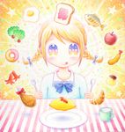  apple aura blonde_hair bow braid chicken_leg commentary croissant cup doughnut fish floating floating_object food fork fried_chicken fruit hair_bow halo holding holding_fork holding_spoon jam leica lettuce looking_at_viewer mug multicolored multicolored_eyes omelet original plate pudding sausage shrimp shrimp_tempura solo spoon star striped_tablecloth sunny_side_up_egg tablecloth tempura toast tomato tongue tongue_out 