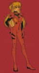  1girl bangs bodysuit breasts full_body hair_between_eyes hand_on_hip medium_breasts multicolored multicolored_clothes neon_genesis_evangelion number open_mouth orange_hair pikurusu pilot_suit plugsuit red_background red_bodysuit simple_background skin_tight solo soryu_asuka_langley standing 