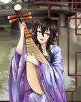  :d bad_id bad_pixiv_id beifeng_han black_hair bridge chinese_clothes dress earrings flower flower_request hair_between_eyes hair_flower hair_ornament hanfu holding holding_instrument instrument jewelry long_hair looking_at_viewer lute_(instrument) miyaura_sanshio necklace open_mouth original pipa_(instrument) purple_dress purple_eyes smile solo 