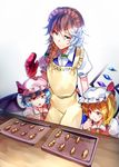  apron ascot baking_sheet bow character_name commentary_request cookie eating flandre_scarlet food hat hat_ribbon highres izayoi_sakuya maid maid_headdress mittens multiple_girls remilia_scarlet ribbon smile touhou uu_uu_zan white_background 