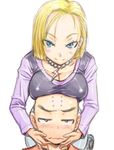  1girl amania_orz android_18 bald blonde_hair blue_eyes blush breast_rest breasts breasts_on_head cleavage couple dragon_ball dragon_ball_z embarrassed height_difference hetero husband_and_wife kuririn medium_breasts smile 