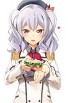 absurdres ascot bacon bangs blue_eyes blush breasts buttons byte_(allbyte) cheese collared_shirt epaulettes feeding food frilled_sleeves frills grey_eyes grey_hair grey_shirt hair_between_eyes hair_ribbon hat heart highres holding holding_food incoming_food jacket kantai_collection kashima_(kantai_collection) kerchief large_breasts lettuce long_hair long_sleeves looking_at_viewer medium_breasts military military_uniform neckerchief open_mouth pov_feeding ribbon sandwich shirt sidelocks silver_hair simple_background smile solo tomato tsurime twintails uniform upper_body wavy_hair white_background wing_collar 
