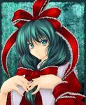  bow commentary_request dress frills front_ponytail green_eyes green_hair hair_bow hair_ornament hair_ribbon hands_on_own_chest kagiyama_hina looking_at_viewer open_mouth red_dress ribbon shimada_(simada_bu) solo touhou upper_body 