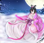  beifeng_han black_hair bunny chang'e chinese_clothes dress flower flower_request full_moon hair_between_eyes hair_flower hair_ornament hair_rings hanfu long_hair miyaura_sanshio moon night original pink_dress pink_flower pink_rose purple_eyes purple_flower purple_rose rose smile solo tree 