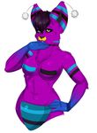 anthro black_hair breasts censored chest_tuft featureless_breasts feline female fur hair half-closed_eyes kammymau looking_at_viewer mammal navel purple_fur simple_background solo stripes tuft white_background 
