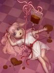  :d barefoot checkered checkered_floor chocolate commentary_request daiyou-uonome dress hair_ribbon intravenous_drip lying on_back open_mouth original pink_hair purple_eyes ribbon smile solo syringe two_side_up valentine white_dress 