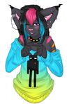  &lt;3 anthro black_hair clothed clothing collar ear_piercing feline female fur grey_fur hair kammymau mammal one_eye_closed open_mouth piercing simple_background smile solo spiked_collar stripes teeth tongue white_background 