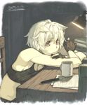  animal_ears bare_shoulders black_gloves book_stack bra chair cup dated fountain_pen gloves inubashiri_momiji looking_at_viewer no_hat no_headwear open_mouth paper pen red_eyes seu_kaname short_hair signature sitting solo table touhou underwear white_hair wolf_ears 