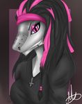  anthro clothed clothing dreadlocks facial_piercing female fish grey_background grey_skin hair half-closed_eyes kammymau lip_piercing looking_at_viewer marine multicolored_hair necklace nose_piercing piercing shark sharp_teeth simple_background slit_pupils smile solo teeth two_tone_hair 